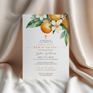Invitation Élégant Orange Floral Première Sainte Communion