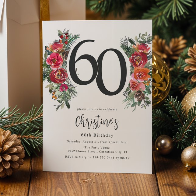 Invitation Élégant Orange & Flore Rouge 60e anniversaire (Créateur téléchargé)