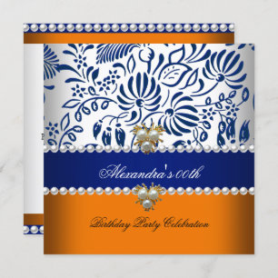 Invitation Elegant Orange Navy Blue Damask Pearl Party 2