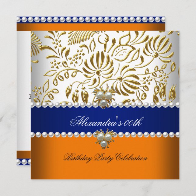 Invitation Elégant Orange Navy Blue Gold Damask Pearl Party (Devant / Derrière)
