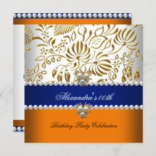Invitation Elégant Orange Navy Blue Gold Damask Pearl Party