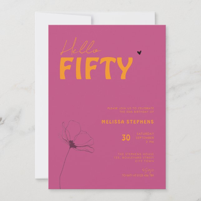 Invitation Elegant Orange Pink Hello Fifty 50th Birthday (Devant)