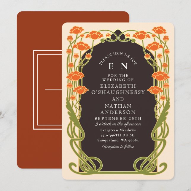 Invitation Elegant Orange Poppy Art Nouveau Floral Wedding (Devant / Derrière)