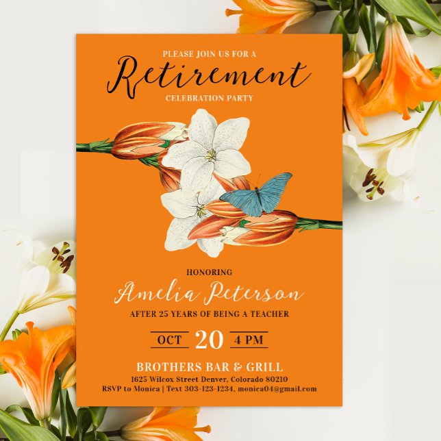 Invitation Élégant Orange Retire Retro Lily Floral (Créateur téléchargé)