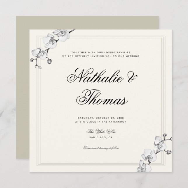 Invitation Elégant Orchidées Noir Blanc Faux Mariage Embossé (Devant / Derrière)