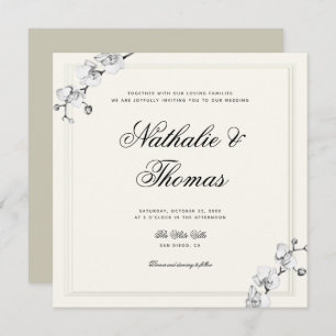 Invitation Elégant Orchidées Noir Blanc Faux Mariage Embossé