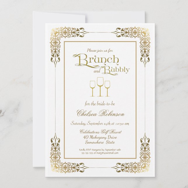 Invitation Elegant Ornate Gold Bordure Brunch et Bubbly (Devant)