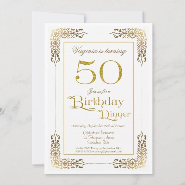 Invitation Elégant Ornate Gold Lace 50e Anniversaire Dîner (Devant)