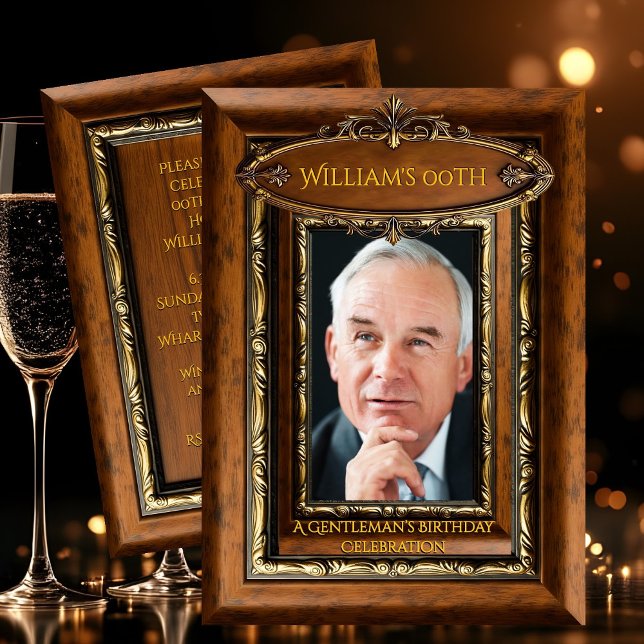 Invitation Elegant Ornate Rustic Gold Wood Photo Birthday men (Créateur téléchargé)