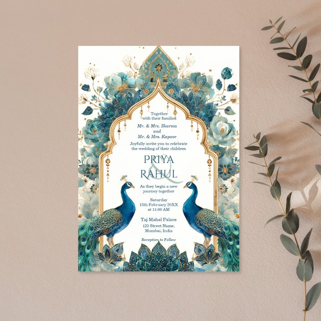 Invitation Elegant Ornate Vintage Peacocks Indian Wedding (blue and green floral indian wedding invitation with arch, flowers and two peacocks)
