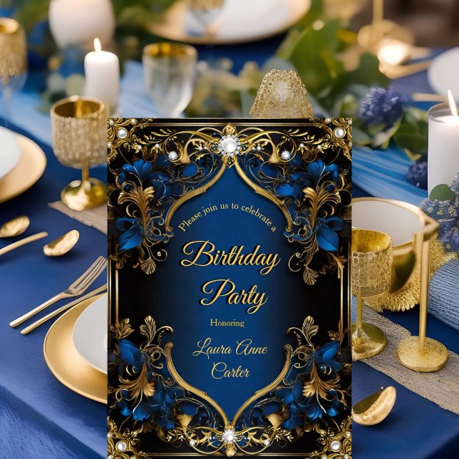 Invitation Élégant Orné Bleu Royal Or Perle d'anniversaire (Créateur téléchargé)