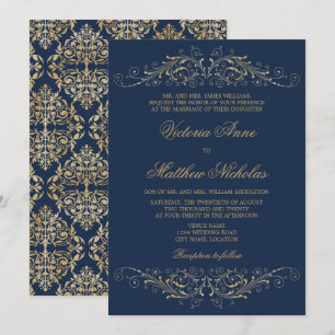 Invitation Élégant orné de doré damasqué bleu marine