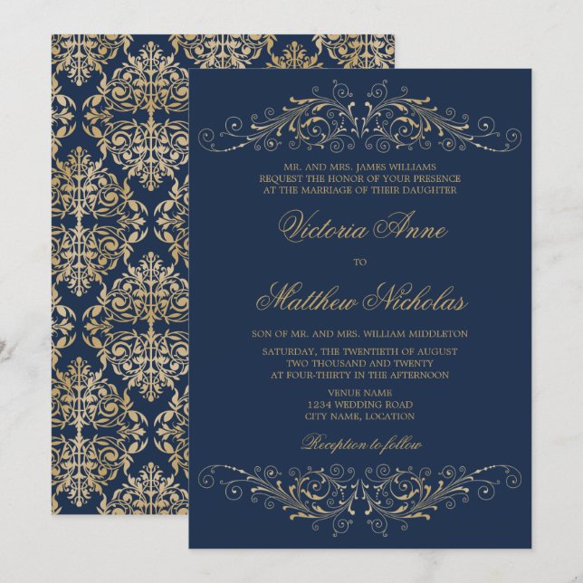 Invitation Élégant orné de doré damasqué bleu marine (Devant / Derrière)