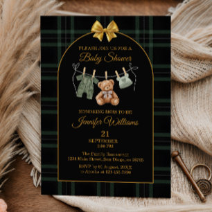 Invitation Élégant Ours en Peluche à Arc Doré pour Baby Showe