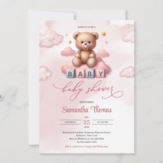 Invitation Elégant Ours en peluche rose aquarelle avec pacifi (Devant)
