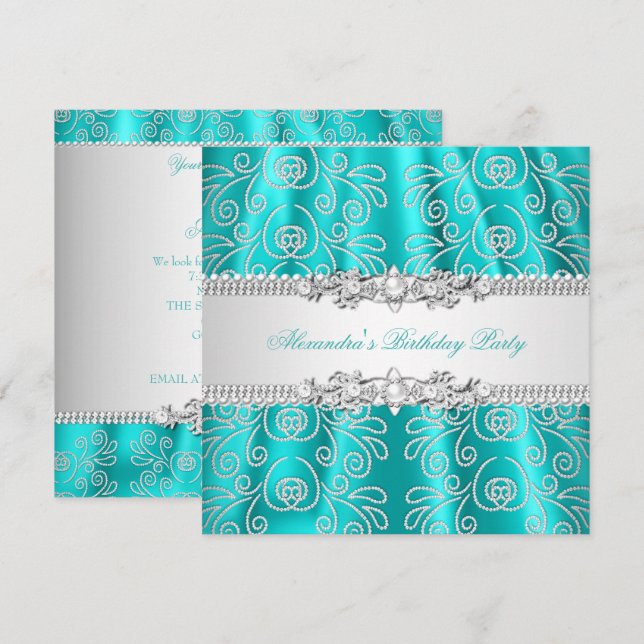 Invitation Élégant Overlay de Dentelle Argentée Turquoise pou (Devant / Derrière)