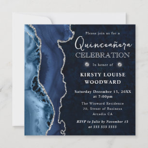 Invitation Élégant Paillettes Argentées Agate Quinceanera