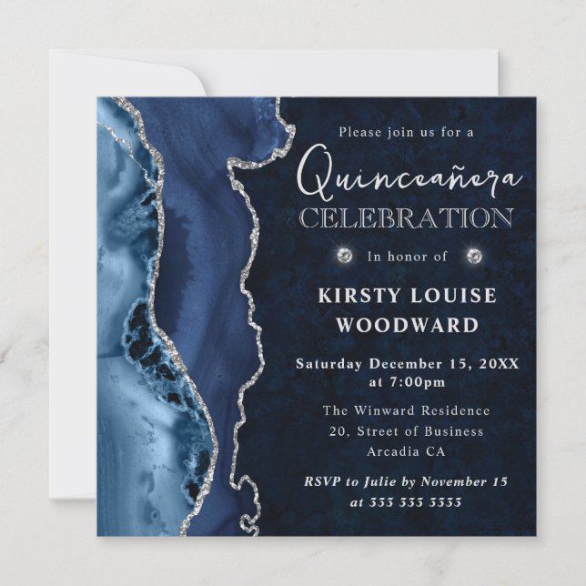 Invitation Élégant Paillettes Argentées Agate Quinceanera (Devant)