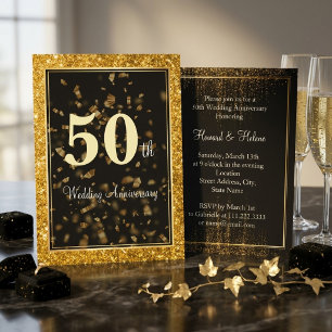 Invitation Élégant paillettes dorées noir mariage anniversair