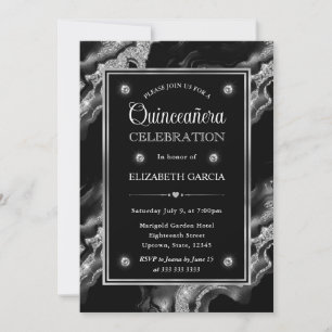 Invitation Élégant Paillettes Noir & Argent Agate Quinceanera