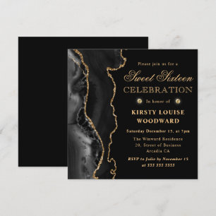 Invitation Élégant Paillettes Noir et Or Agate Sweet Sixteen