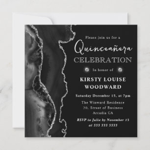 Invitation Élégant paillettes noires et argentées Quinceanera