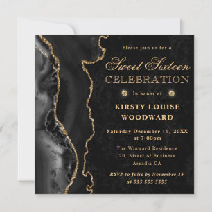 Invitation Elégant Paillettes Or Noir Agate Sweet Sixteen