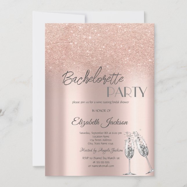Invitation Élégant Paillettes Rose Doré Bokeh Enterrement de  (Devant)