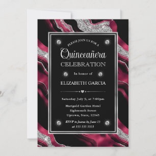 Invitation Élégant Paillettes Rouge et Argent Quinceañera Aga