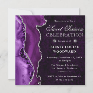 Invitation Elégant Paillettes Violet et Argent Agate 16 Ans F