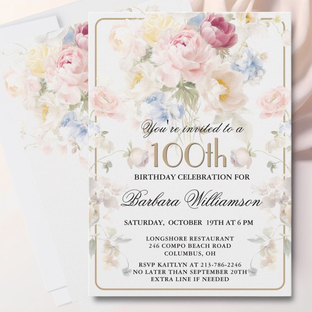 Invitation Elegant Painted Blush Rose Floral 100th Birthday  (Créateur téléchargé)