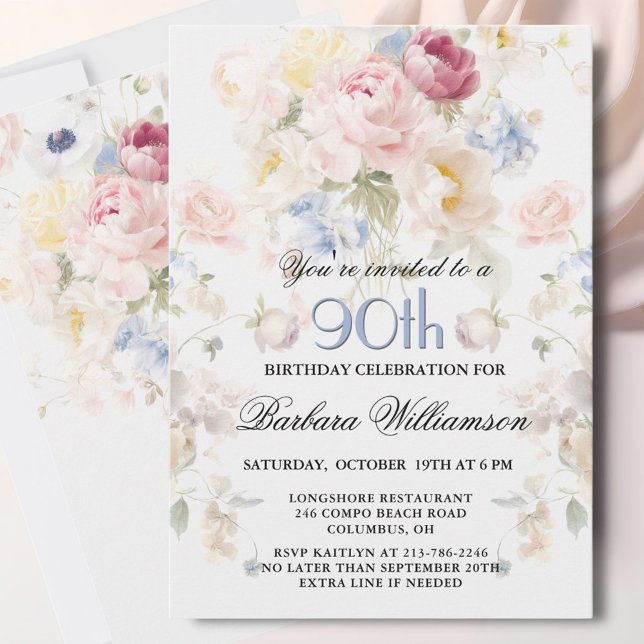 Invitation Elegant Painted Blush Rose Floral 90th Birthday  (Créateur téléchargé)