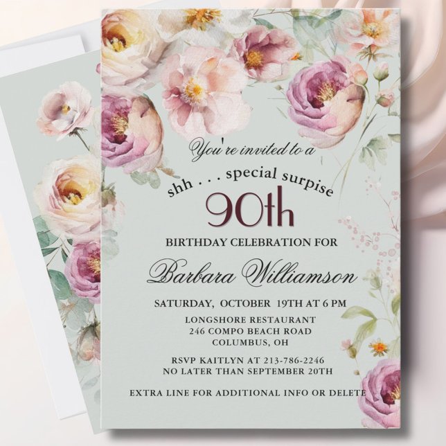 Invitation Elegant Painted Floral Surprise 90th Birthday  (Créateur téléchargé)