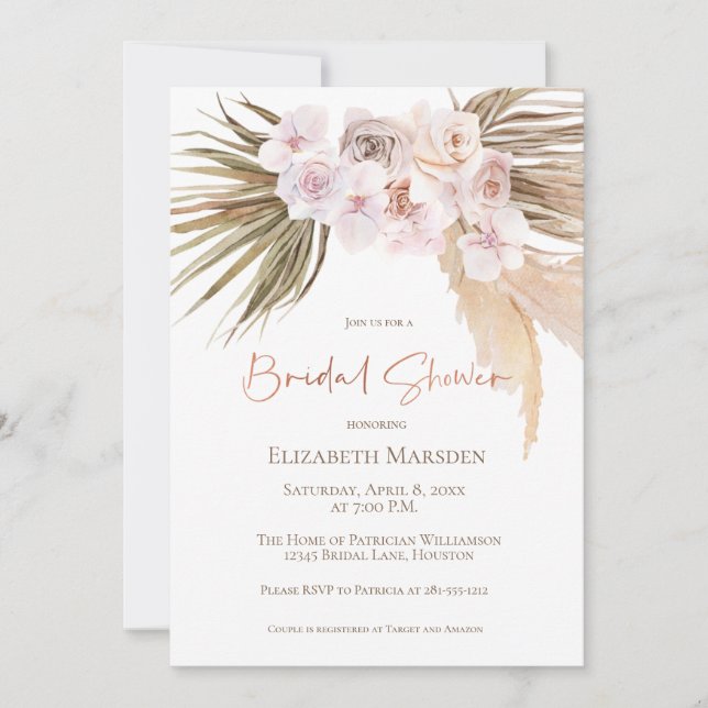 Invitation Elégant Pampas Grass Blush Champagne Douche (Devant)