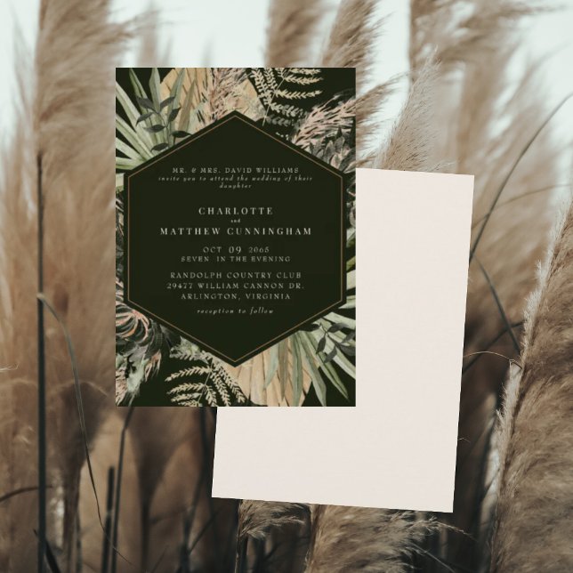Invitation Élégant Pampas Mariage noir & crème (Créateur téléchargé)
