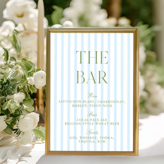 Invitation Élégant panneau de bar de mariage rayé vert sauge  (Elegant Sage Green & Blue Striped Wedding Bar Sign)