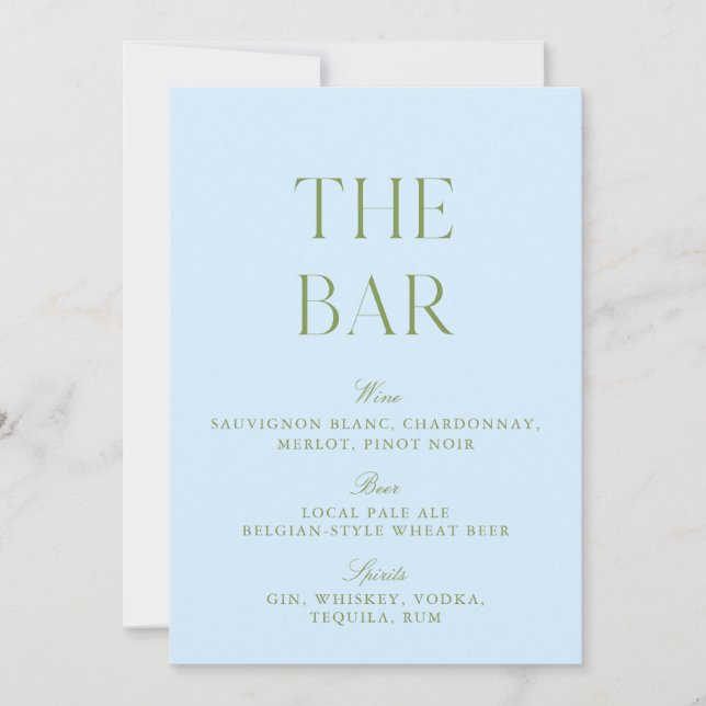Invitation Élégant Panneau de Bar de Mariage Vert Sauge et Bl (Devant)