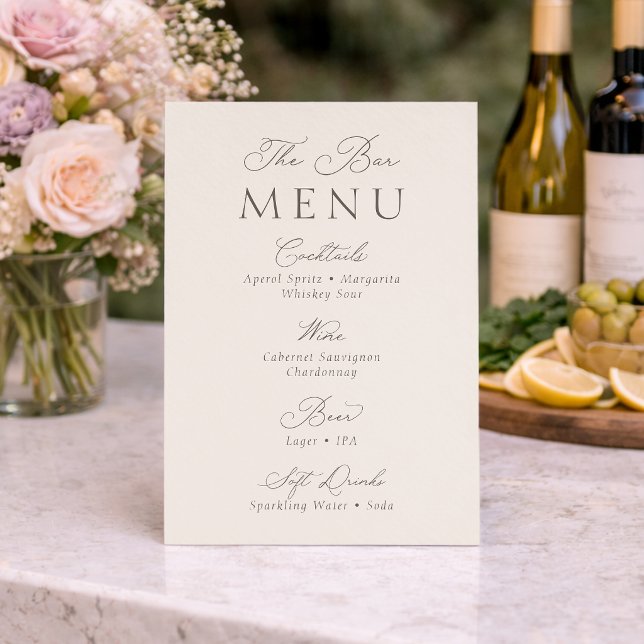Invitation Élégant Panneau de Menu de Bar de Mariage Minimali (Créateur téléchargé)