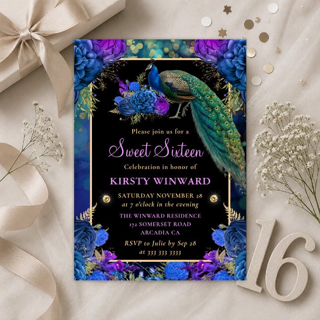 Invitation Élégant Paon Floral Seize Ans Douce Fête (Créateur téléchargé)