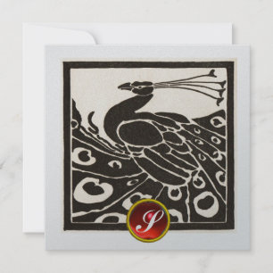 INVITATION ÉLÉGANT PAON NOIR ARGENTÉ, MONOGRAMME GEMME RUBIS 
