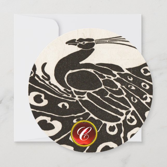 INVITATION ÉLÉGANT PAON NOIR BLANC,ROUGE RUBIS GEMME MONOGRAM (Devant)