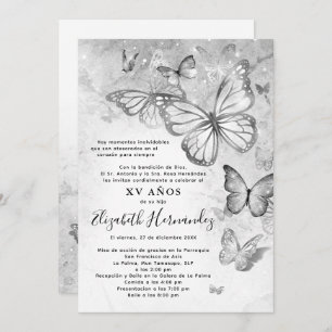 Invitation Elégant papillon argenté espagnol Quinceanera