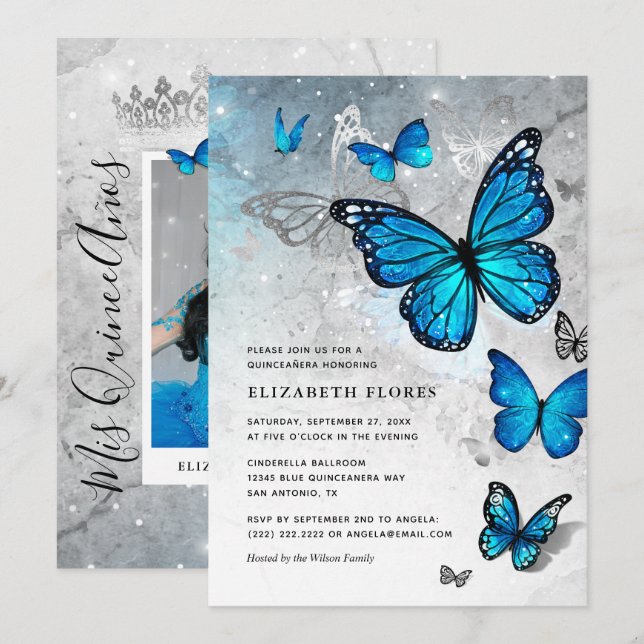 Invitation Elégant papillon bleu Cendrillon Quinceanera (Devant / Derrière)