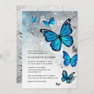 Invitation Elégant papillon bleu Cendrillon Quinceanera