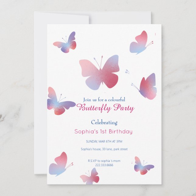 Invitation Elégant Papillon bleu rose 1er anniversaire (Devant)