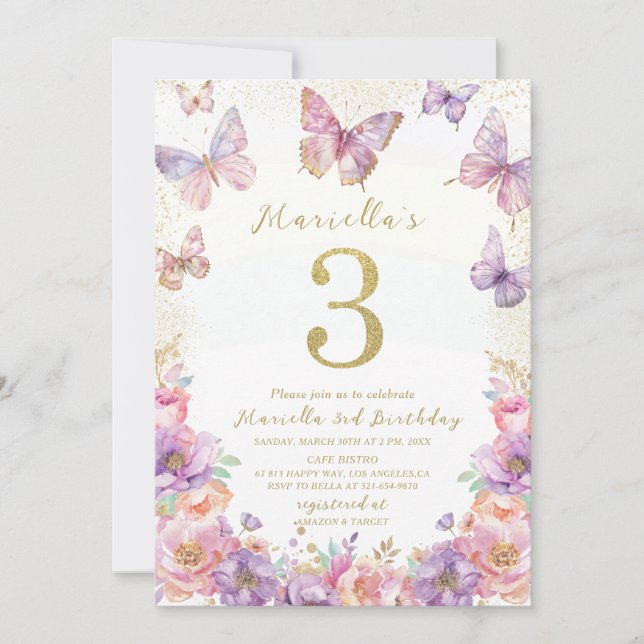 Invitation Élégant Papillon de 3 ans de naissance Fille à l'a (Devant)