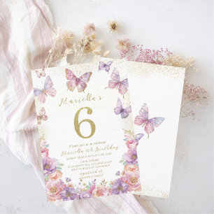 Invitation Élégant Papillon de Fête d'anniversaire de 6 ans F