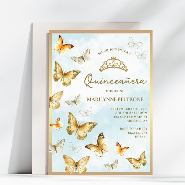 Invitation Elégant Papillon Doré Quinceañera Bleu (Créateur téléchargé)