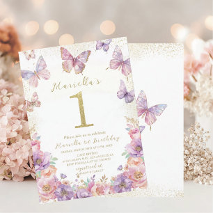Invitation Élégant Papillon Fille Un 1er Anniversaire Aquarel