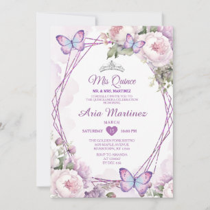 Invitation Elégant Papillon floral pourpre Dusty Mis Quince